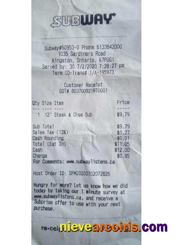 Canada Subway company payment receipt
